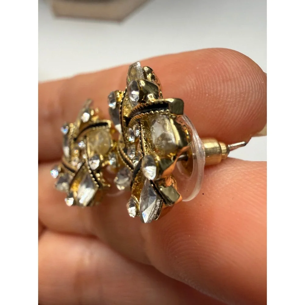 Vintage Gold Tone Crystal Pinwheel Stud Earrings Black Enamel Accent Statement - Picture 2 of 5